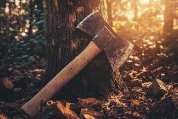 A close-up of a heavy, weathered axe lodged in a thick tree trunk, with wood chips scattered around, sunlight streaming through dense foliage, evoking strength, durability, and natural power