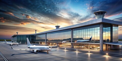 Airport terminal building and multiple airplanes in an asymmetrical composition