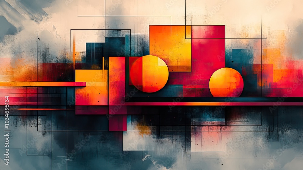 Poster abstract representation of dynamic environment using vibrant geometric shapes and colors showcasing 