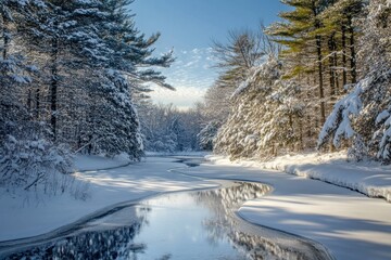 A peaceful winter scene with snow-covered trees, a frozen river winding through the landscape