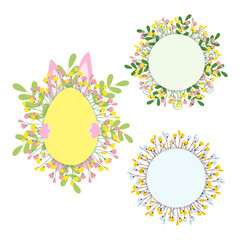 Egg shape with blossom twigs, hided bunny and circle frames with spring twigs. Lettering template