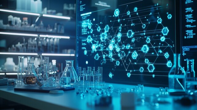 AI-Powered Drug Discovery : A high-tech lab where artificial intelligence systems analyze molecular structures and create new medicines, with digital displays of compounds and chemical formulas