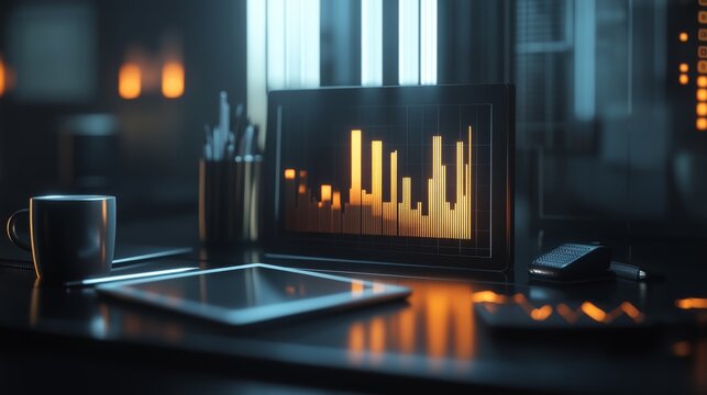 Photorealistic, ultra detailed 8k image of a 3D economic graph with glowing neon lines and bars rising from a sleek glass desk