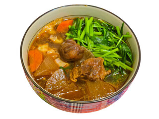 Delicious Chinese cuisine, a bowl of beef noodle with carrot, white radish and cabbage on a transparent background.