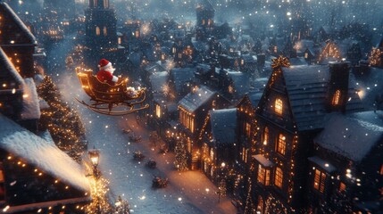 Photorealistic, ultra detailed Christmas Eve scene with Santa��s sleigh flying over a snow-covered town