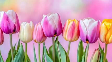 Fototapeta premium Stunning photograph showcasing a vibrant tulip garden with colorful blooming flowers against an isolated background creating a serene and picturesque scene