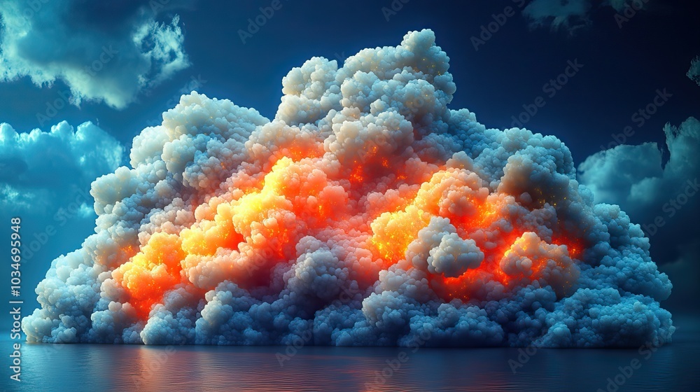 Poster abstract representation of cloud computing with vibrant textured shapes forming cloud icons symboliz