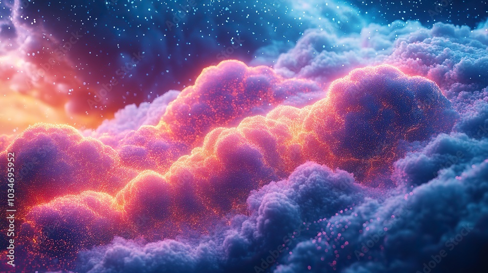 Poster abstract representation of cloud computing with vibrant textured shapes forming cloud icons symboliz