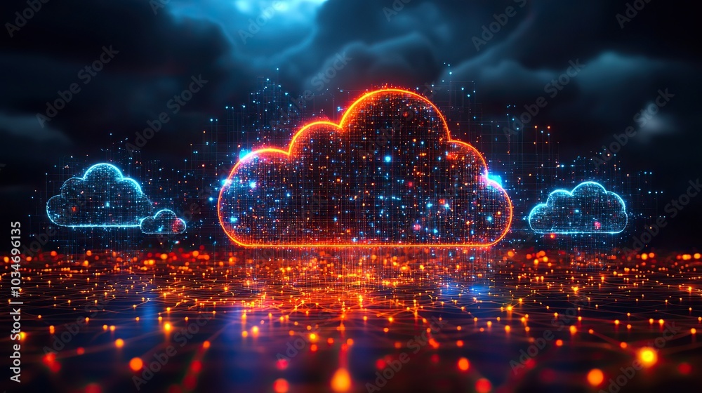 Poster abstract representation of cloud infrastructure and api integration with various cloud icons and net
