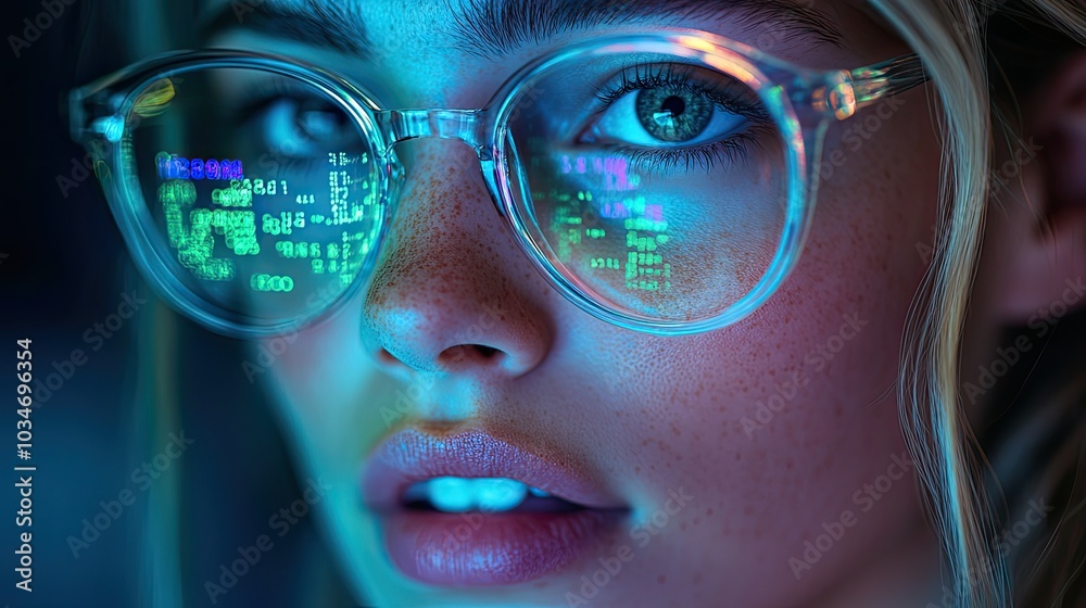 Poster abstract representation of juli programming language female face in violet light with green light ov