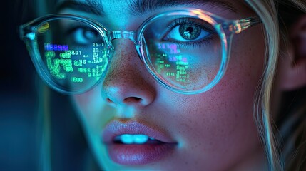 abstract representation of juli programming language female face in violet light with green light overlay on glasses symbolizing coding and technology