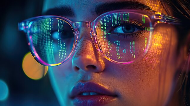 abstract representation of juli programming language female face in violet light with green light overlay on glasses symbolizing coding and technology.image
