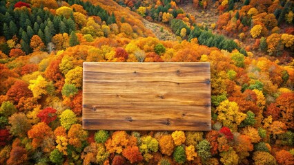 Aerial wooden plaque of fall woodland landscape