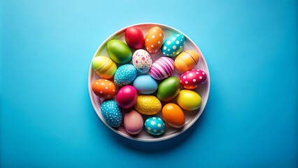 A vibrant collection of festively decorated eggs nestled in a white dish, a symbol of springtime celebration.