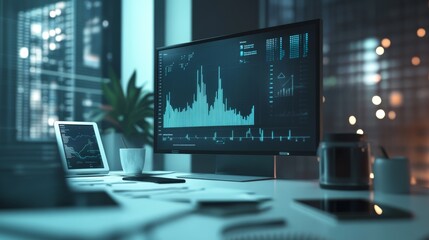 Fototapeta premium Photorealistic ultra detailed image of a 3D financial chart with intricate details rising from a sleek glass surface on a modern desk, The chart's bars and lines are sharply detailed