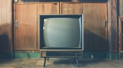 Fototapeta premium Vintage television set with a blank screen sits in front of a wooden wall.