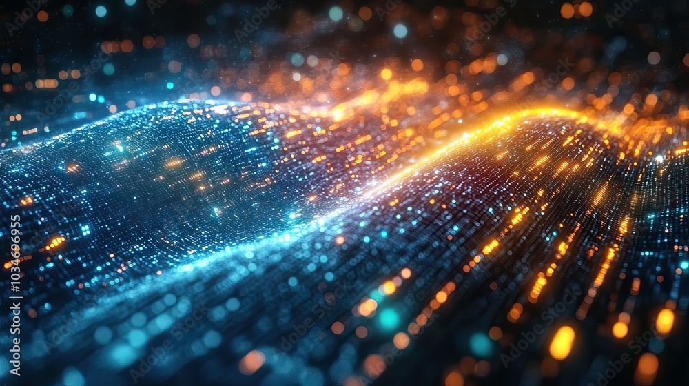 Poster abstract visualization of big dat with colorful lines and dat text symbolizing dat flow and analytic