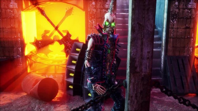 Punk Skeleton VJ Loop &ndash; stylized punk rock skeleton with spiky bones on the head and punkish outfit moving on the beat in seamless loop. Use it in your next VJ thematic sets, metal and gothic festival