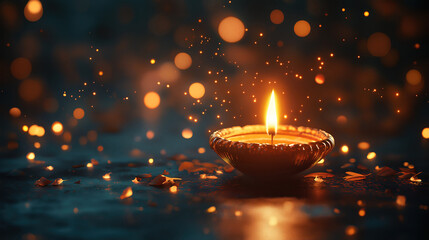 Bokeh lights and flickering candles create a festive ambiance for the celebration of Diwali