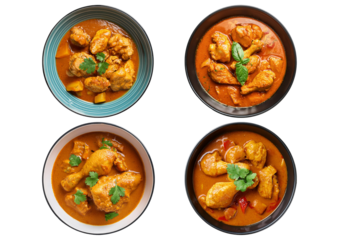 Collection Chicken curry top view full length isolated on transparent or white background