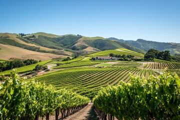 Fototapeta premium A picturesque vineyard stretching across rolling green hills under a bright
