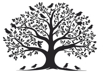 Obraz premium Elegant Tree Silhouette with Birds and Leaves
