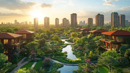 Fototapeta premium aerial view of sustainable green cityscape showcasing lush urban jungle areas parks and gardens interspersed among residential houses promoting eco friendly living and biodiversity.illustration