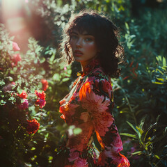 stylish woman in vibrant floral dress stands amidst lush greenery and blooming flowers, exuding confidence and grace in serene garden setting