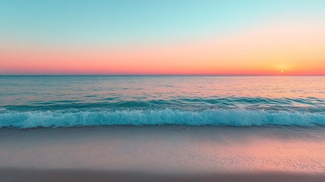 aesthetic and beautiful minimalism beach scene featuring serene shoreline with stunning blue and pink color gradient sky evoking sense of tranquility and peacefulness.stock image