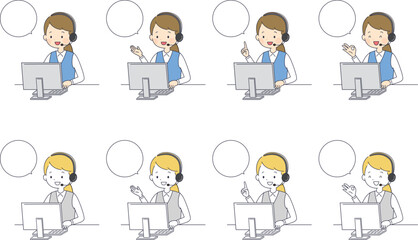 テレホンオペレーター女性のイラストセット
