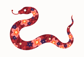 Fototapeta premium Floral and Geometric Patterns in Modern Snake Art: A Minimalist Approach Featuring Cherry Blossoms Against a White Background