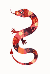 Obraz premium Stylized Abstract Snake Design: A Fusion of Triangular Patterns and Cherry Blossom Motifs in a Bright Red, Pink, and Orange Color Palette