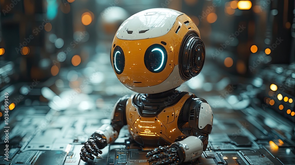 Poster ai assistant robot surrounded by tech gadgets symbolizing advanced technology and innovation in arti