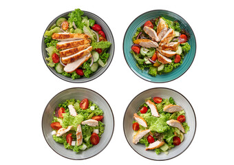 Collection Chicken salad top view full length isolated on transparent or white background