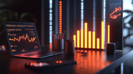 Ultra detailed photorealistic image of a 3D financial chart with intricate bars and lines rising from a wooden desk, The chart is surrounded by office items like a laptop