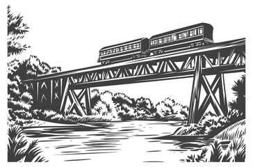Obraz premium Vintage Train Crossing a Rustic Bridge in Black and White