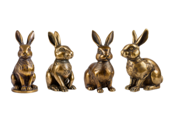 Collection Antique grunge bronze brass rabbit figurine isolated on transparent or white background