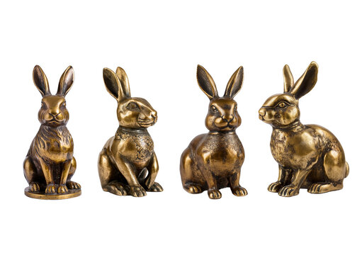 Collection Antique grunge bronze brass rabbit figurine isolated on transparent or white background