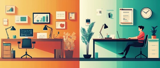 2D flat design of a hybrid work model, showing flexible schedules with workers alternating between home and office, bright colors and simple layout