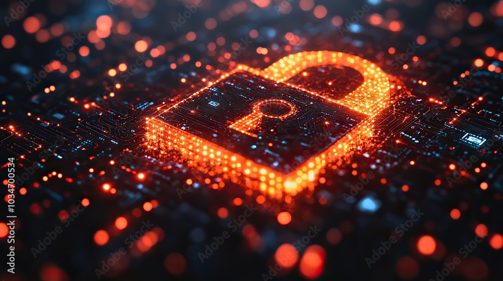 Poster an abstract representation of cybersecurity featuring digital lock symbolizing secure network system