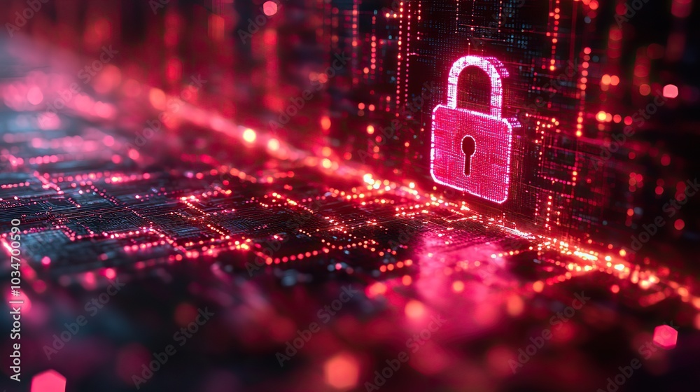 Poster an abstract representation of cybersecurity featuring digital lock symbolizing secure network system