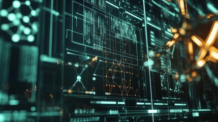 Graphical interface showing chemical reactions and interactions in drug research, futuristic biotech imagery