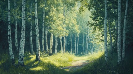 Obraz premium Oil painting depicting a birch forest in a serene natural landscape