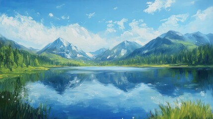 Oil painting depicting a panoramic view of a serene lake surrounded by mountains under a clear summer sky showcasing vibrant summer landscapes