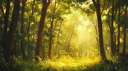 Fototapeta premium Oil painting depicting a vibrant forest filled with lush green deciduous trees illuminated by warm sunlight filtering through the leaves