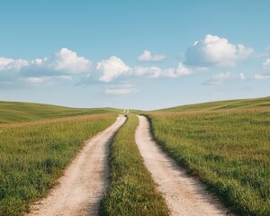 Fototapeta premium A serene dirt road winds through lush green fields under a clear blue sky, creating a tranquil scenery perfect for exploration and outdoor adventures.