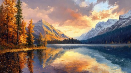 Oil painting depicting a stunning autumn sunrise over a tranquil lake showcasing the breathtaking beauty of the surrounding alpine landscape and the essence of morning solitude in nature