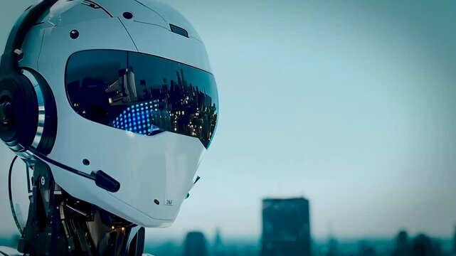 4K video robot call center agent wearing a headset with microphone interacting with an online chat session