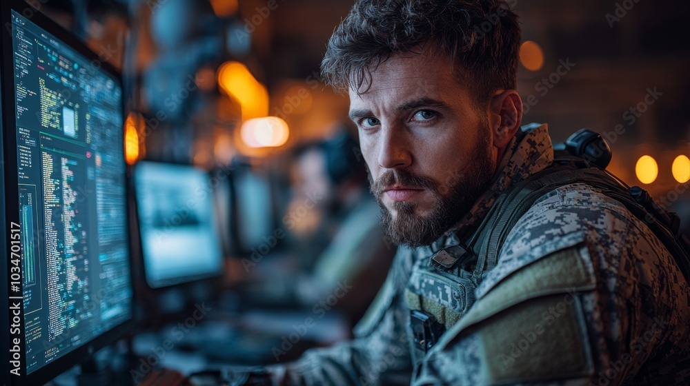 Leinwandbilder A soldier sits at a computer in an operations center, focused on analyzing critical data. The atmosphere is dimly lit, emphasizing the intensity of the task at hand.