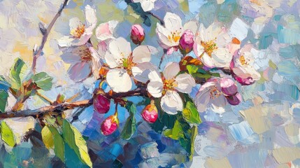 Oil painting depicting blooming spring flowers and cherry buds along with their shadow showcasing the vibrant essence of spring